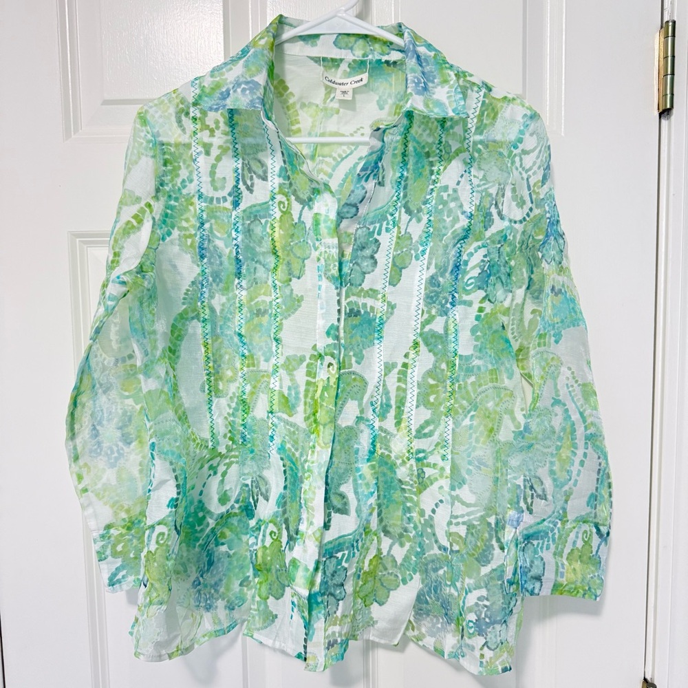 Coldwater Creek Sheer Green and Blue Blouse